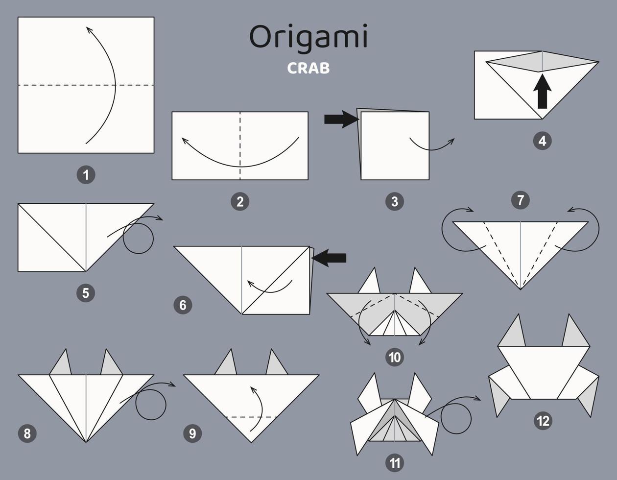 schéma d'origami de crabe tutoriel. éléments d'origami isolés sur fond gris. origami pour les enfants. étape par étape comment faire du crabe en origami. illustration vectorielle. vecteur