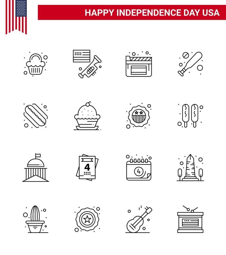 4 juillet usa joyeux jour de l'indépendance icône symboles groupe de 16 lignes modernes de gâteau hotdog cinéma américain chauve-souris modifiable usa day vector design elements