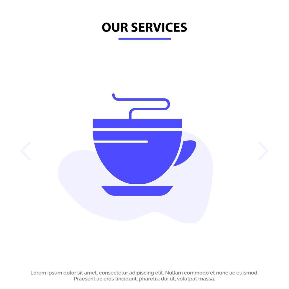 nos services thé café tasse nettoyage solide glyphe icône modèle de carte web vecteur