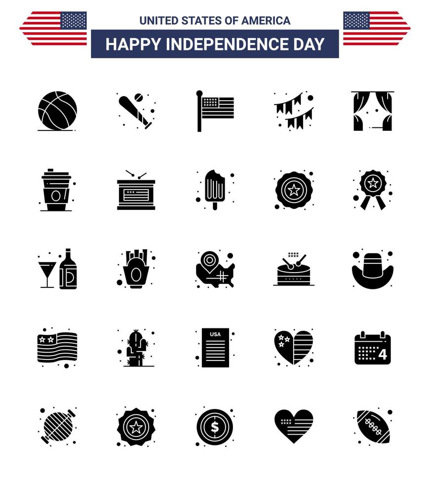 usa indépendance jour solide glyphe ensemble de 25 pictogrammes usa de guirlande décoration usa bruants usa modifiable usa day vector design elements