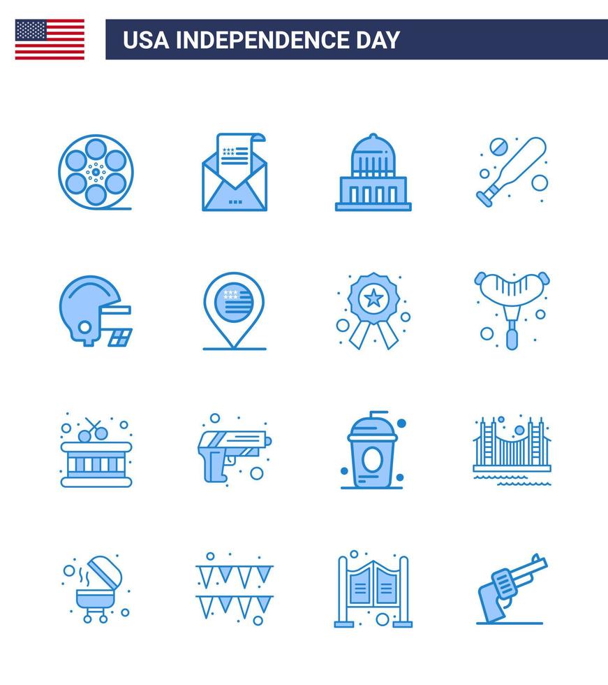 pack bleu de 16 symboles de la fête de l'indépendance des états-unis du football hardball mail bat usa modifiables usa day vector design elements