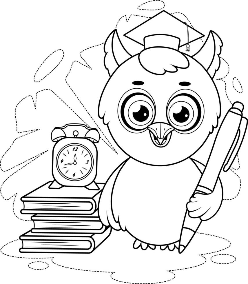 coloriage. hibou avec un stylo, des livres et un réveil vecteur