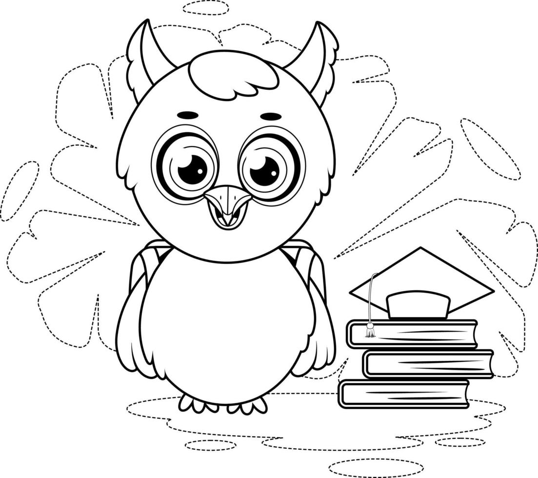 coloriage. hibou de dessin animé intelligent avec des livres et un sac d'école vecteur