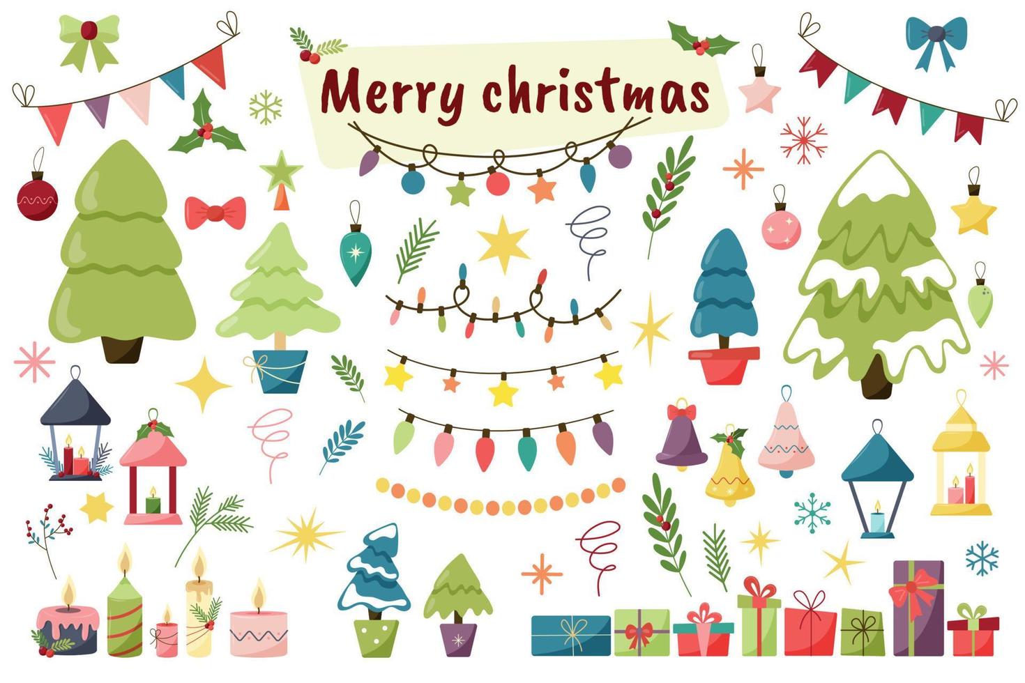 éléments de noël plats. arbre de Noël, guirlande, bougies, lanternes, cadeaux, décorations, cloches, branches de gui vecteur