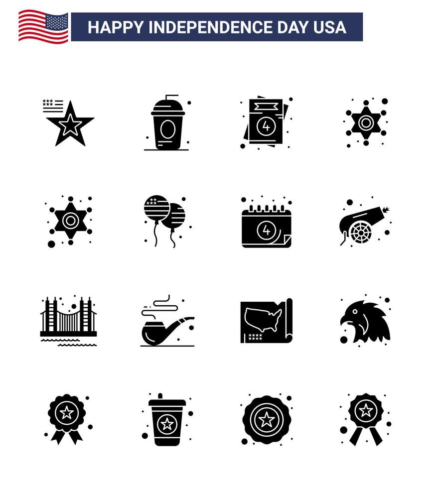 joyeux jour de l'indépendance 4 juillet ensemble de 16 glyphes solides pictogramme américain de bloon star independece police mariage modifiable usa day vector design elements