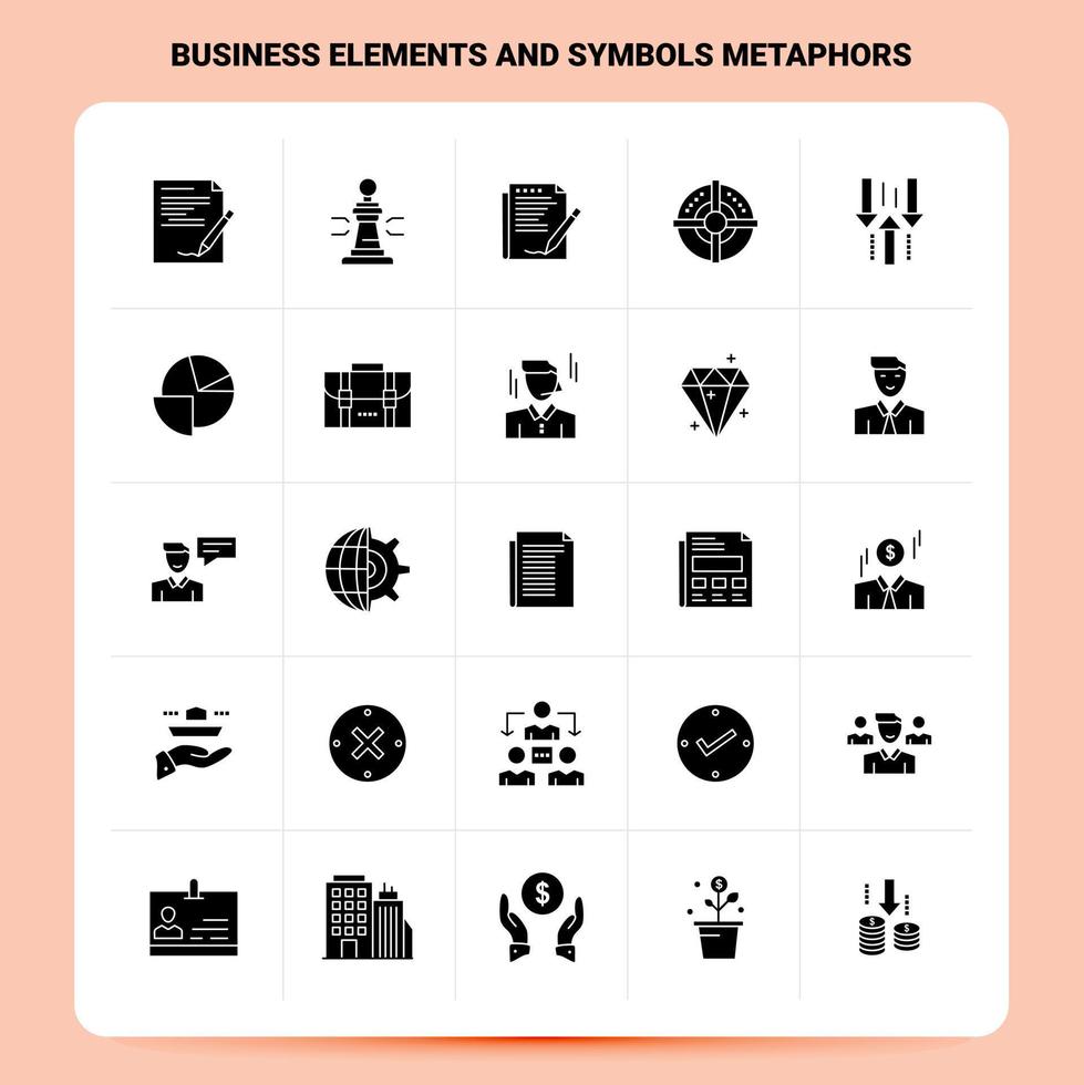 solide 25 éléments d'affaires et symboles métaphores jeu d'icônes vecteur glyphe style conception icônes noires ensemble web et mobile idées d'affaires conception illustration vectorielle