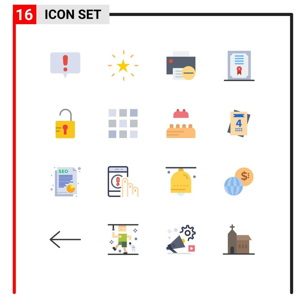 16 couleurs plates universelles définies pour les applications Web et mobiles école déverrouiller les appareils certificat de diplôme pack modifiable d'éléments de conception de vecteur créatif