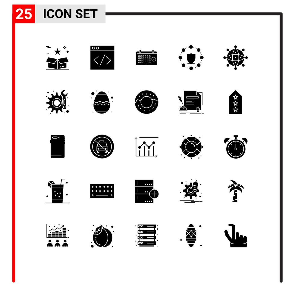 ensemble de 25 glyphes solides vectoriels sur la grille pour le calendrier de protection des entreprises protéger le temps des éléments de conception vectoriels modifiables vecteur