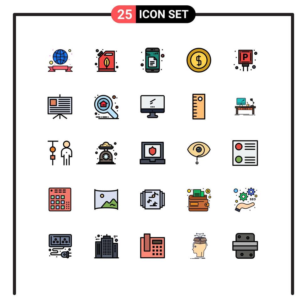 groupe de 25 couleurs plates de lignes remplies modernes définies pour beaucoup d'éléments de conception vectoriels modifiables en espèces de commerce électronique de données d'argent vecteur