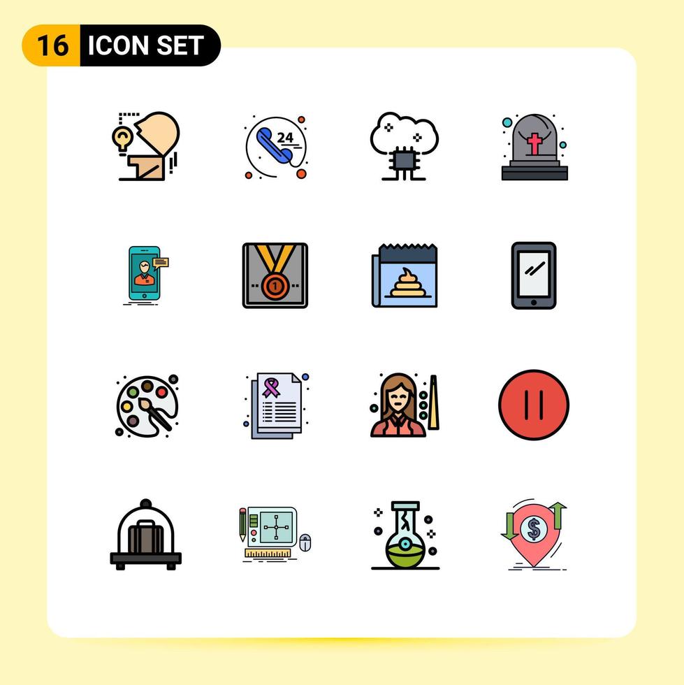 interface mobile ligne remplie de couleurs plates ensemble de 16 pictogrammes de services basés sur le nuage de tombe de chat en direct logiciel de nuage de tombe éléments de conception vectoriels créatifs modifiables vecteur