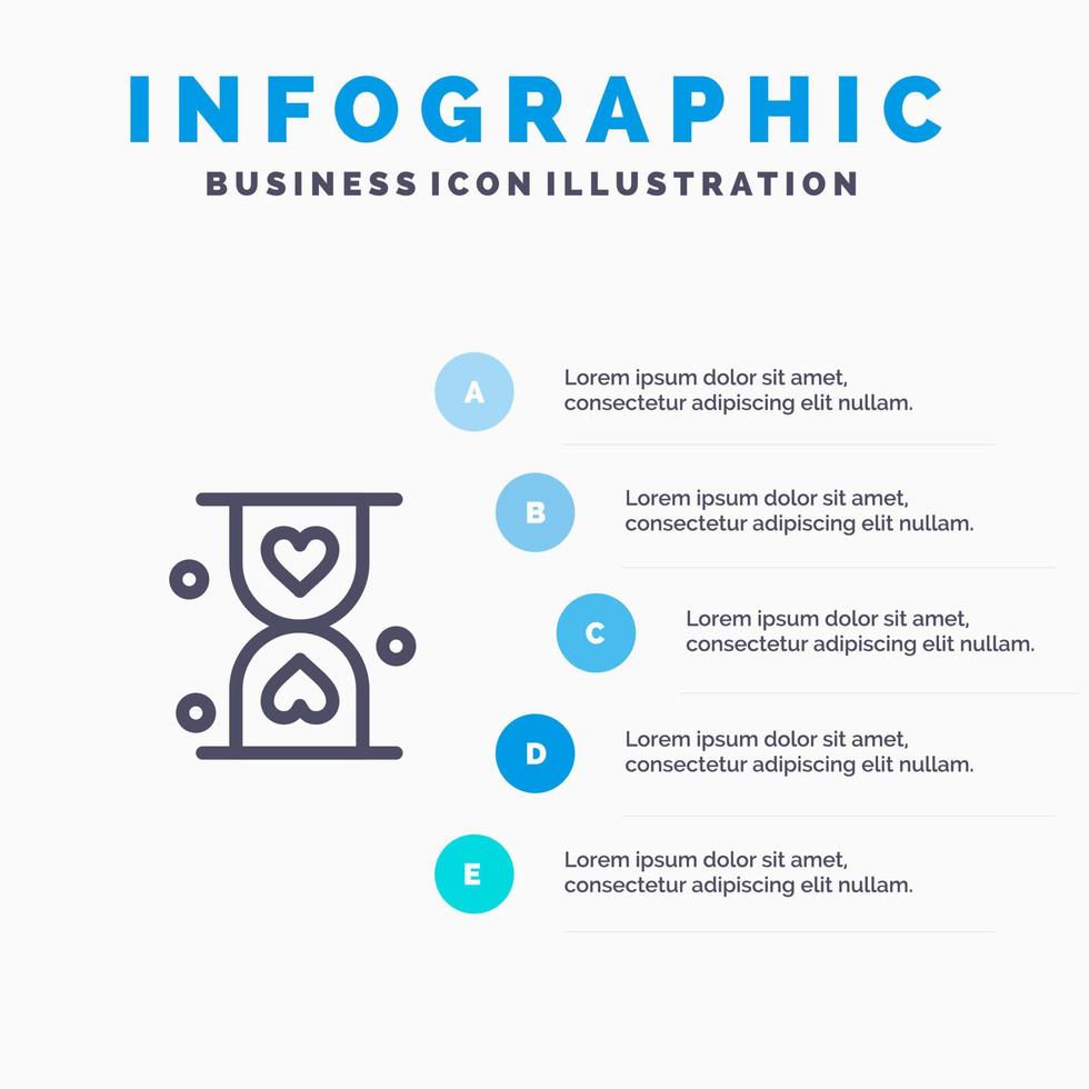 coeur sablier verre heure icône de la ligne d'attente avec 5 étapes présentation infographie fond vecteur