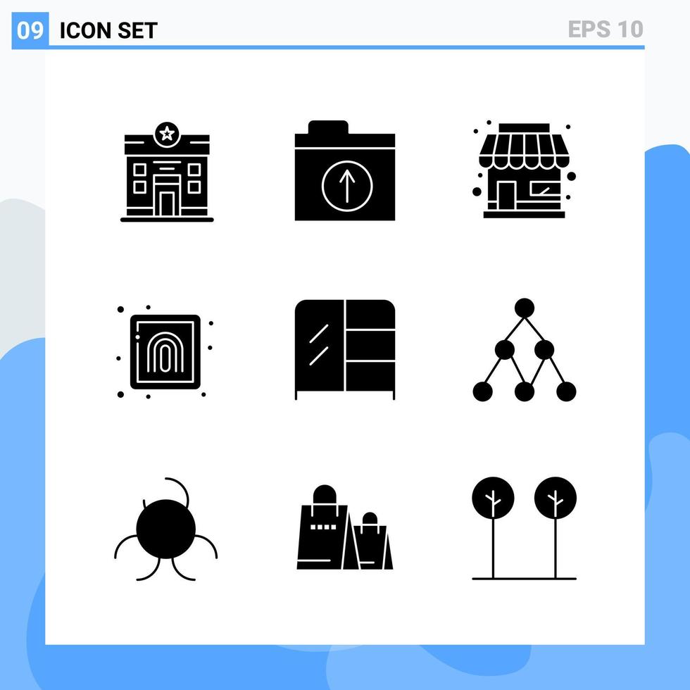 9 icônes de style solide modernes symboles de glyphe pour un usage général signe d'icône solide créatif isolé sur fond blanc pack de 9 icônes fond de vecteur d'icône noire créative
