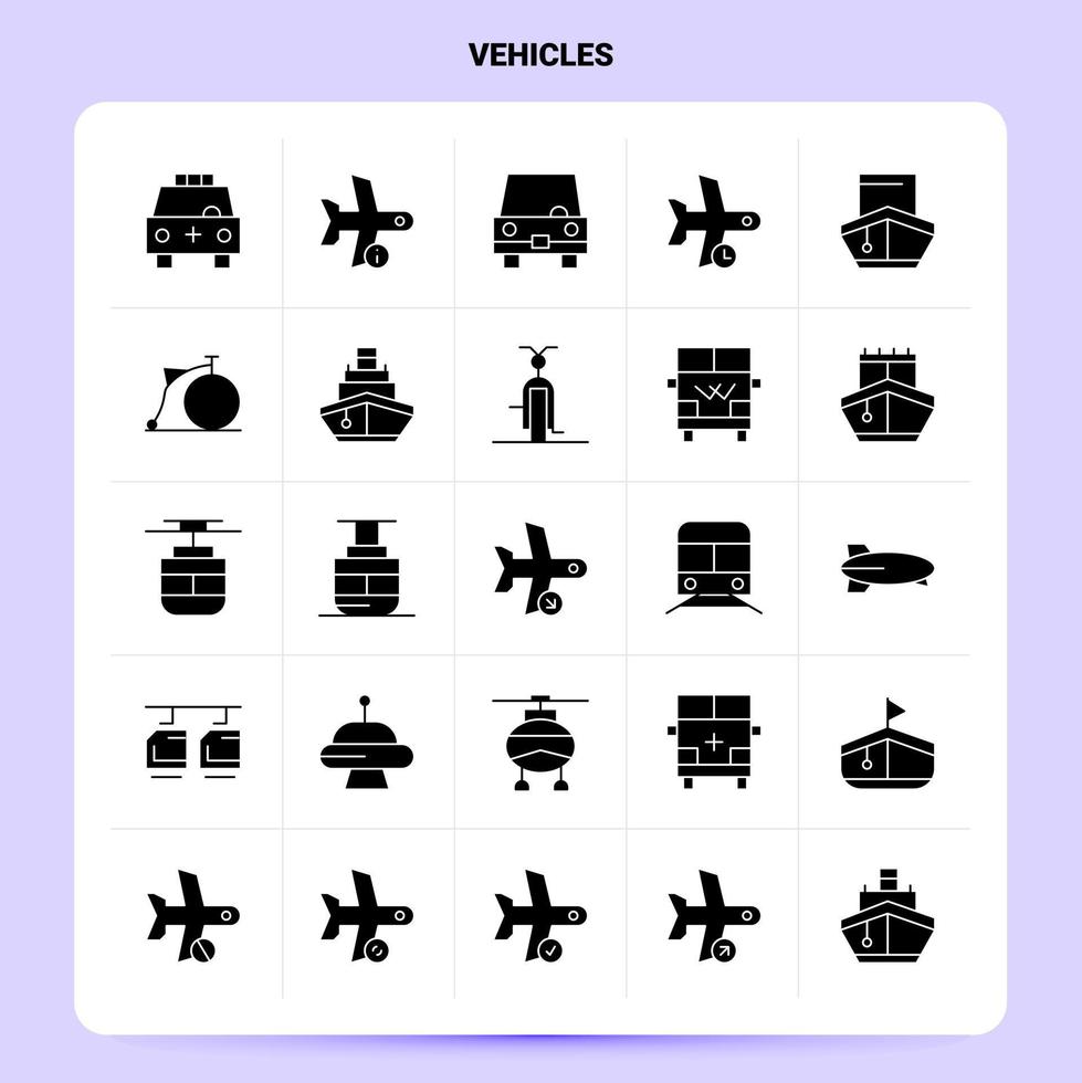 ensemble d'icônes de 25 véhicules solides conception de style de glyphe vectoriel icônes noires définies idées d'affaires web et mobiles conception illustration vectorielle