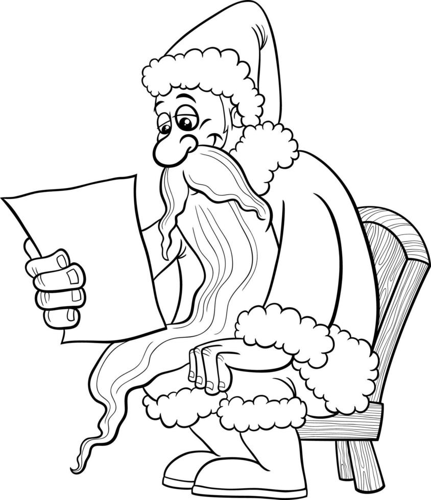 dessin animé père noël lisant une lettre sur la page de coloriage de noël vecteur