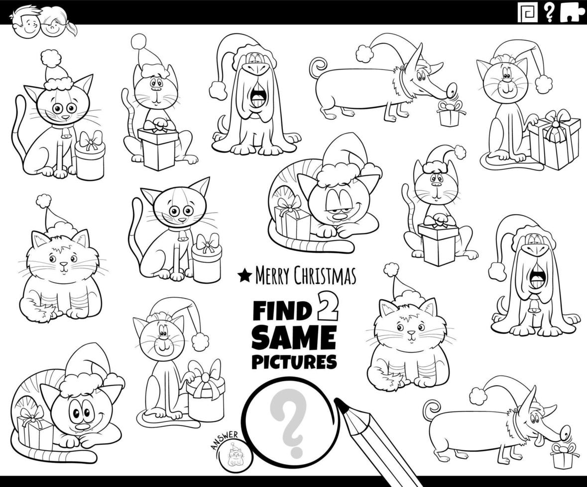 trouver deux mêmes personnages d'animaux de compagnie sur la page de coloriage de noël vecteur