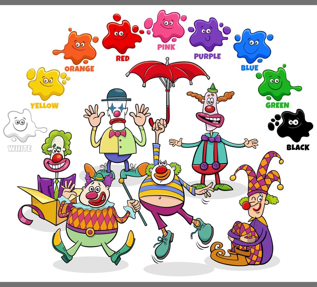 couleurs de base pour les enfants avec un groupe de clowns colorés de dessin animé vecteur