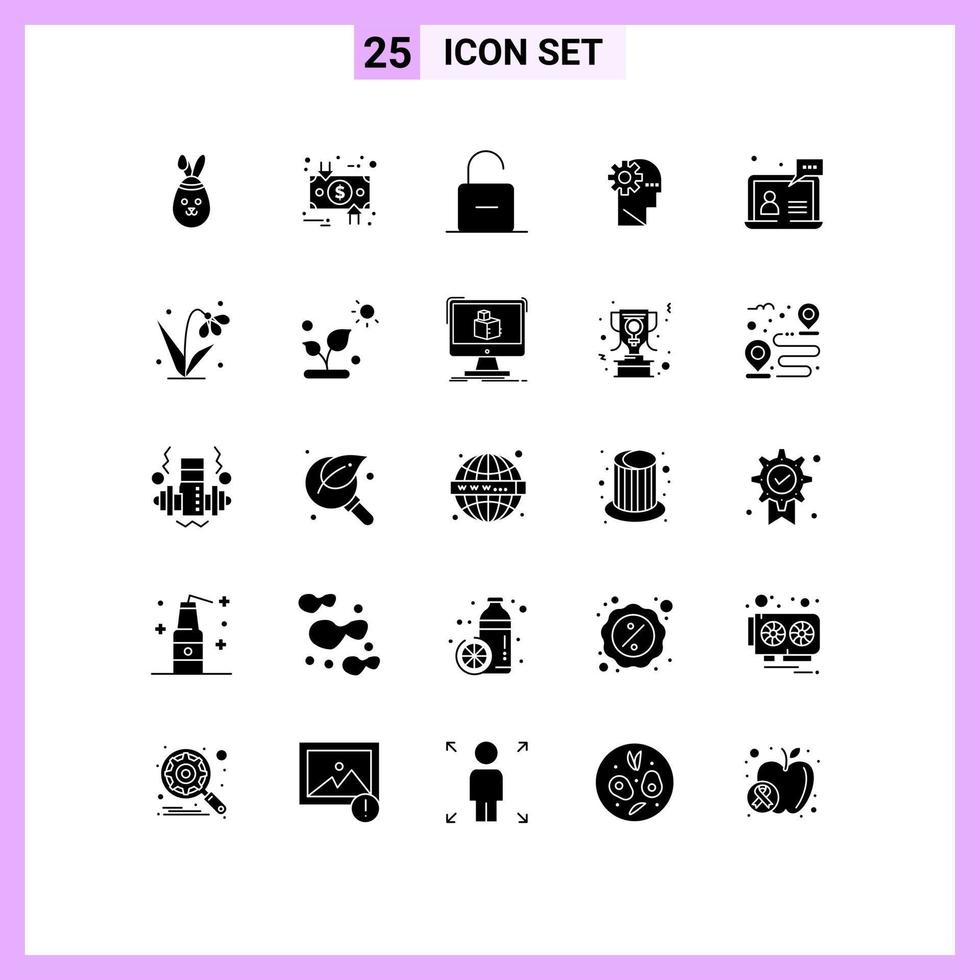 25 concept de glyphe solide pour les sites Web mobiles et les applications prennent en charge le processus de verrouillage de l'apprentissage déverrouillent les éléments de conception vectoriels modifiables vecteur