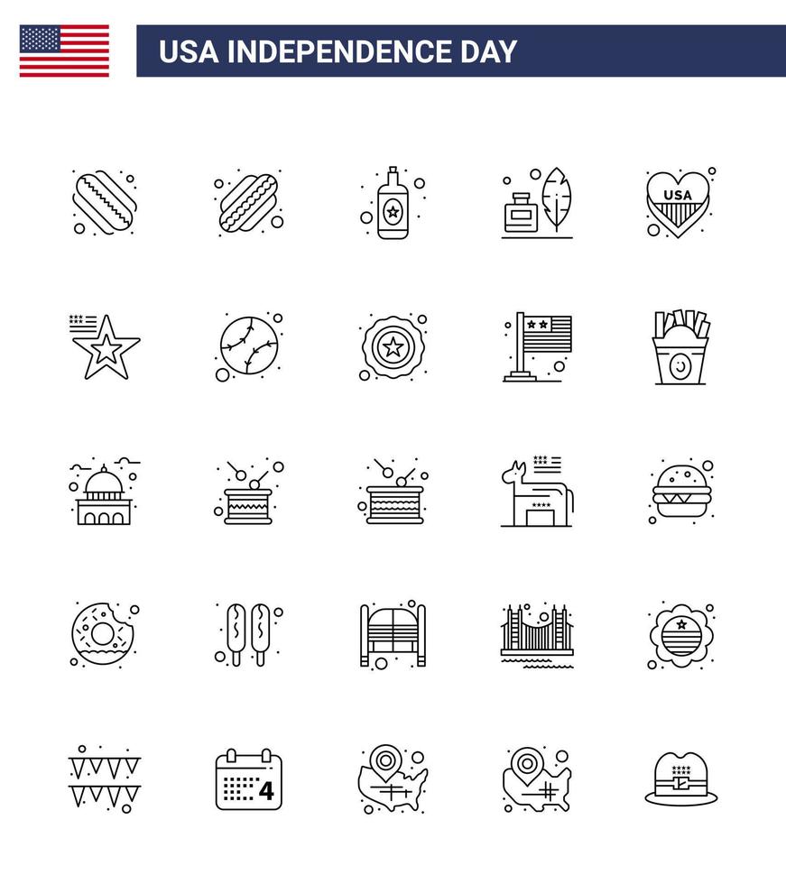 pack de 25 symboles de la fête de l'indépendance des états-unis des états-unis bouteille d'encre américaine étoile amour éléments de conception vectoriels modifiables de la journée des états-unis vecteur