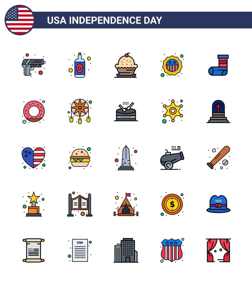 pack de 25 signes de lignes remplies de célébration de la fête de l'indépendance des états-unis et symboles du 4 juillet tels que le drapeau de noël insigne de dessert américain modifiable usa day vector design elements