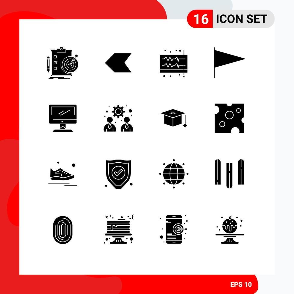 pack de glyphes solides de 16 symboles universels d'éléments de conception vectoriels modifiables de vague de drapeau audio de marque de moniteur vecteur