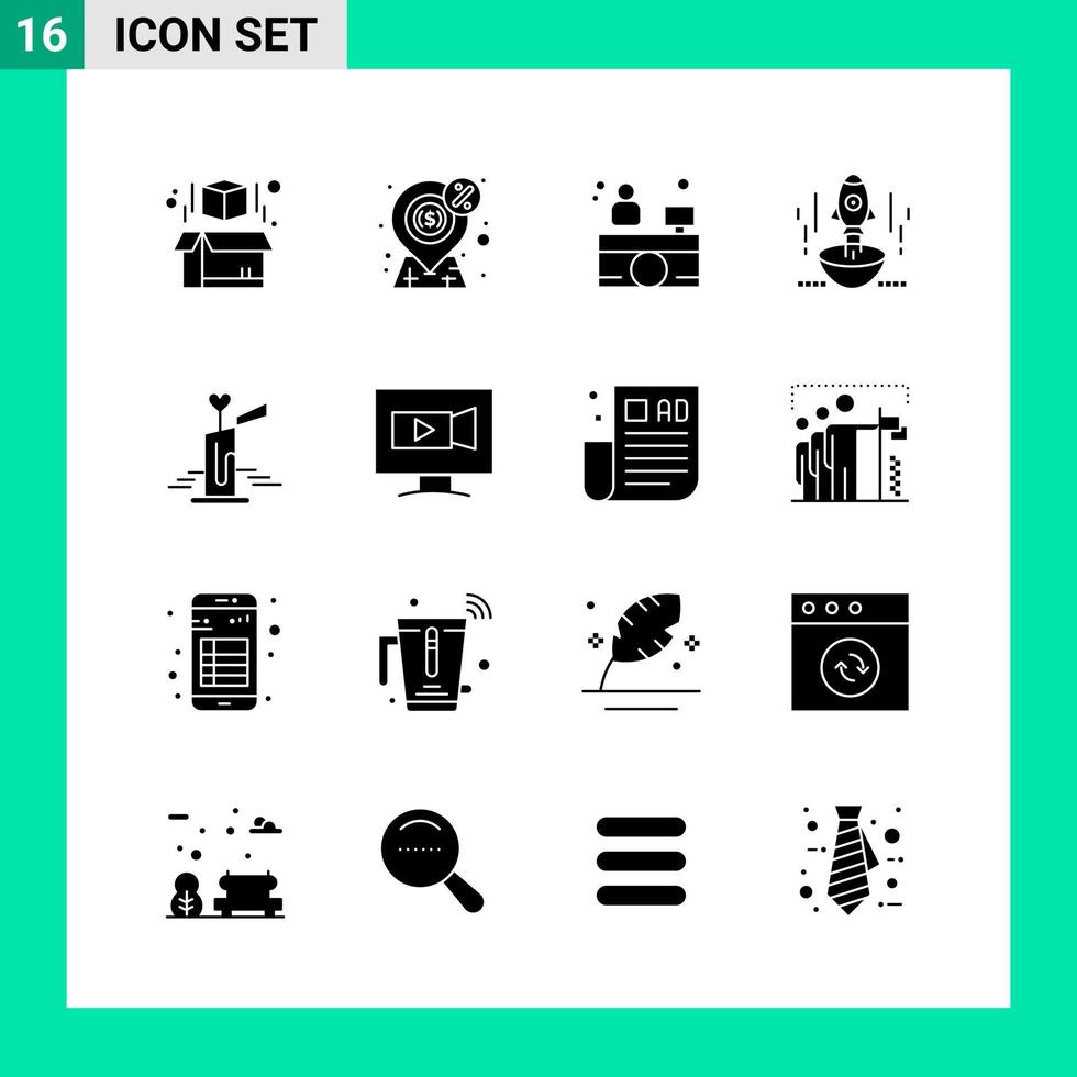 pack de 16 symboles de glyphe de jeu d'icônes de style solide pour imprimer des signes créatifs isolés sur fond blanc 16 jeu d'icônes vecteur