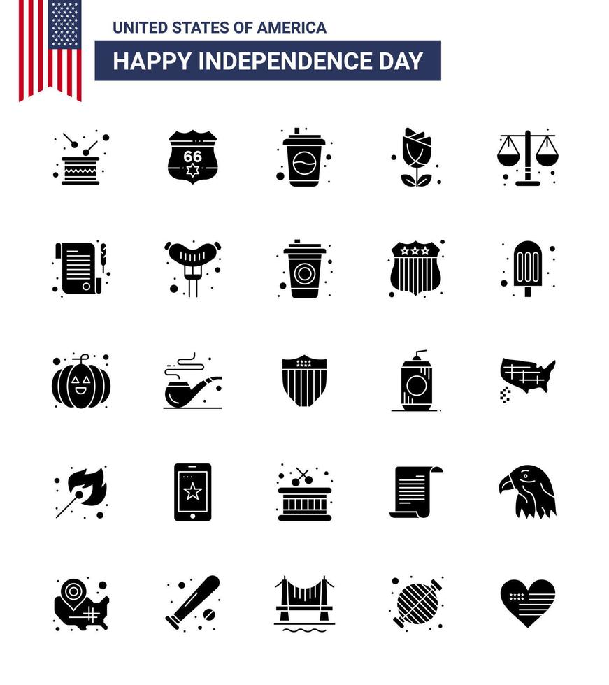 joyeux jour de l'indépendance usa pack de 25 glyphe solide créatif de cour usa sécurité imerican soda modifiable usa day vector design elements