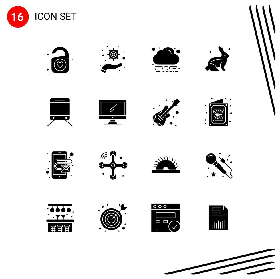 ensemble moderne de 16 pictogrammes de glyphes solides de train informatique vert éléments de conception vectoriels modifiables de pâques réguliers vecteur