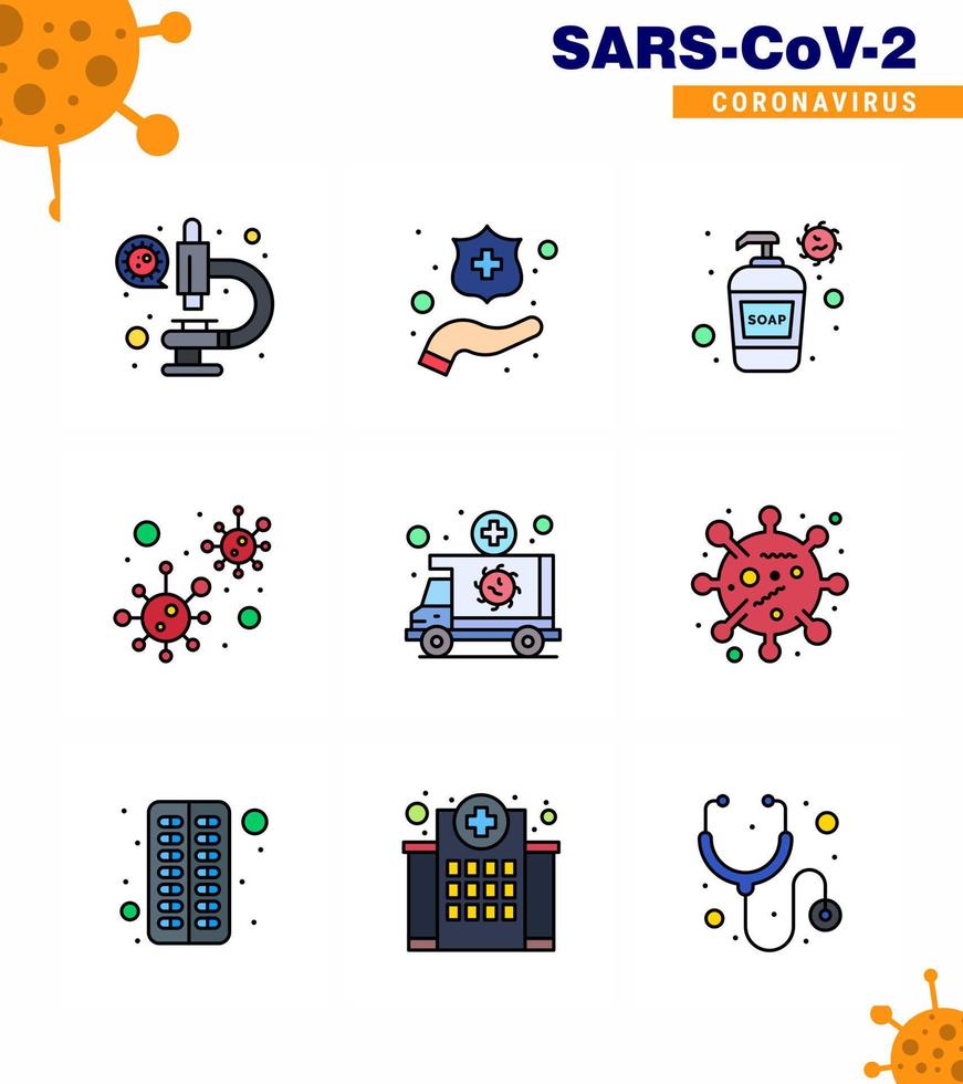 icône de sensibilisation au coronavirus 9 icônes de couleur plate ligne remplie icône incluse crème de virus d'urgence infection coronavirus coronavirus viral 2019nov éléments de conception de vecteur de maladie