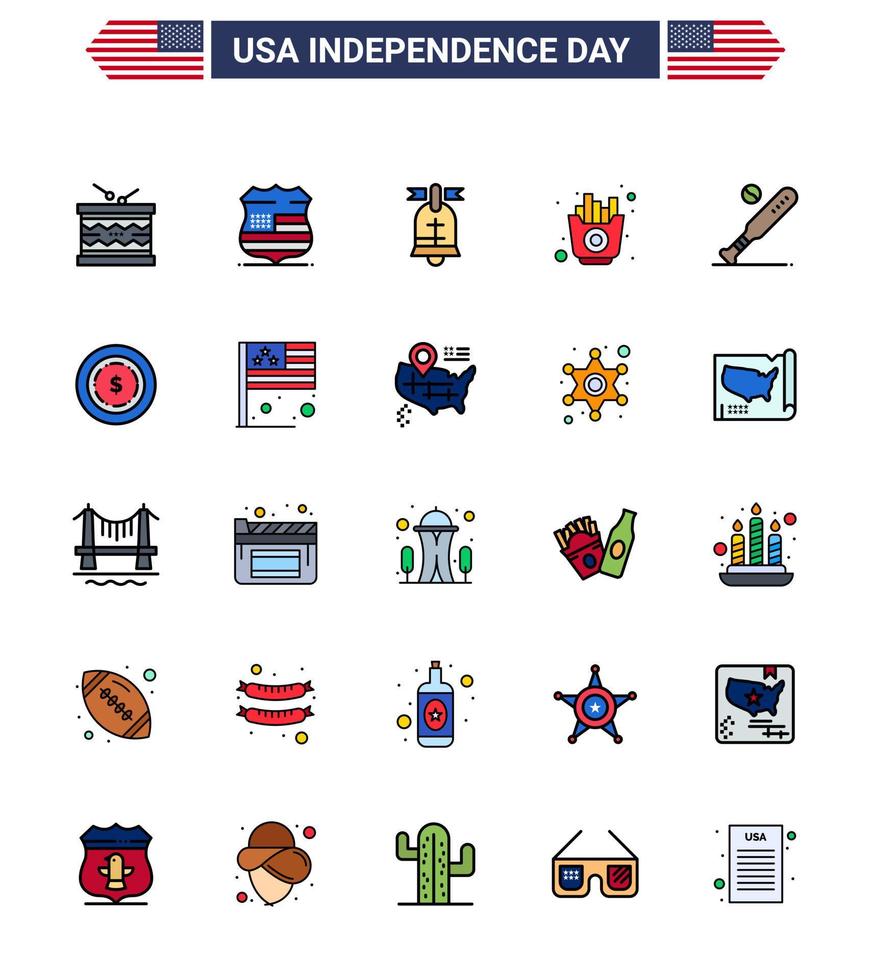 ensemble de 25 icônes de la journée des états-unis symboles américains signes de la fête de l'indépendance pour la balle frites sécurité alimentaire états-unis modifiables éléments de conception vectorielle de la journée des états-unis vecteur