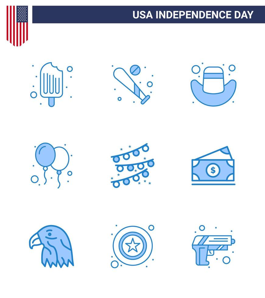 joyeux jour de l'indépendance pack de 9 signes et symboles de blues pour la décoration de fête ballons de fête des états-unis modifiables éléments de conception de vecteur de jour des états-unis