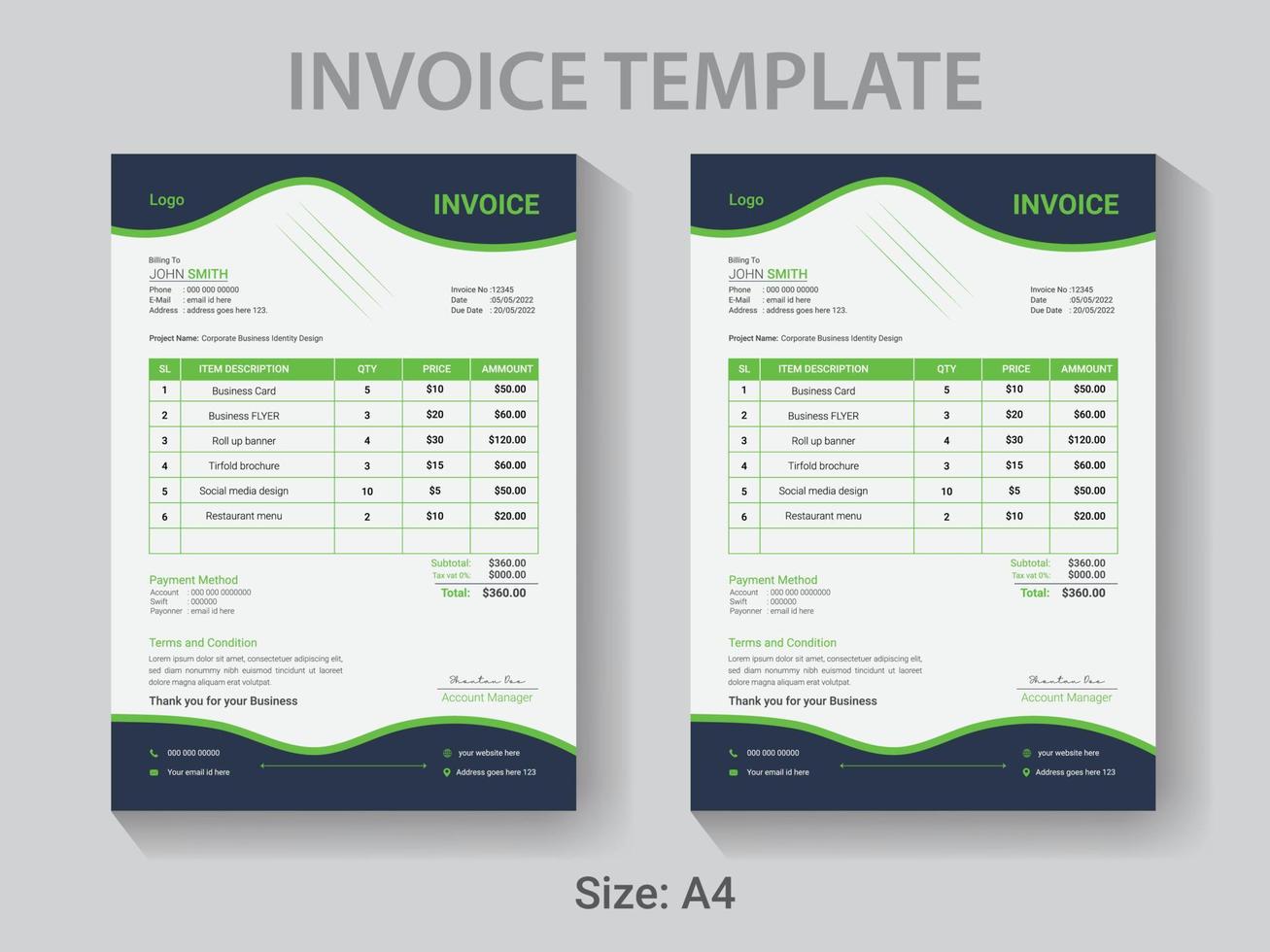 modèle de conception de facture professionnelle de taille a4, mise en page de reçu de paiement vectoriel moderne.