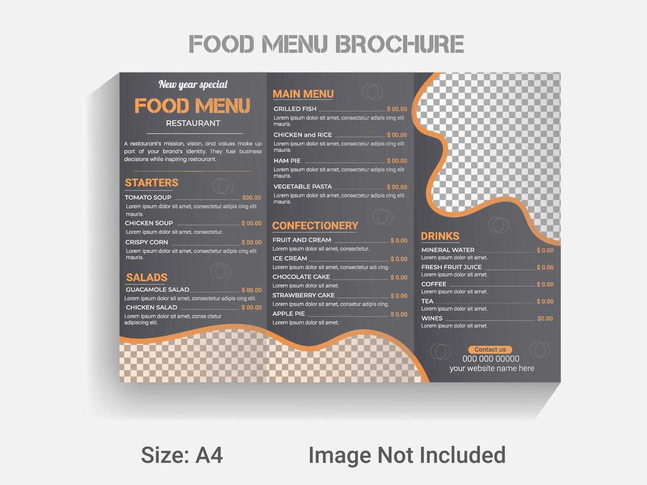 brochure à trois volets format a4 modèle de menu alimentaire du nouvel an. mise en page de conception de menu de restaurant vectoriel moderne.