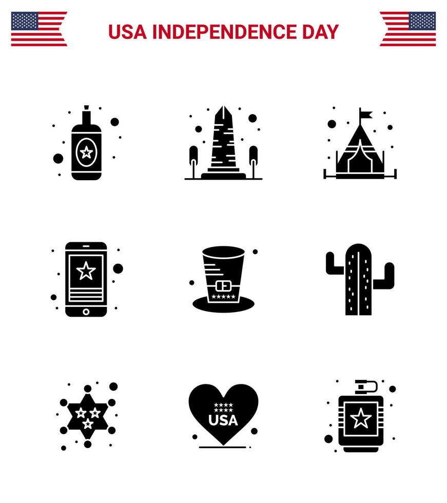 usa joyeux jour de l'indépendancepictogramme ensemble de 9 glyphes solides simples de chapeau téléphone camp étoile mobile modifiable usa day vector design elements