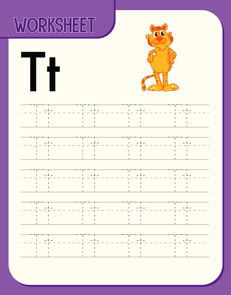 Feuille de calcul de traçage alphabet avec lettre t et t vecteur