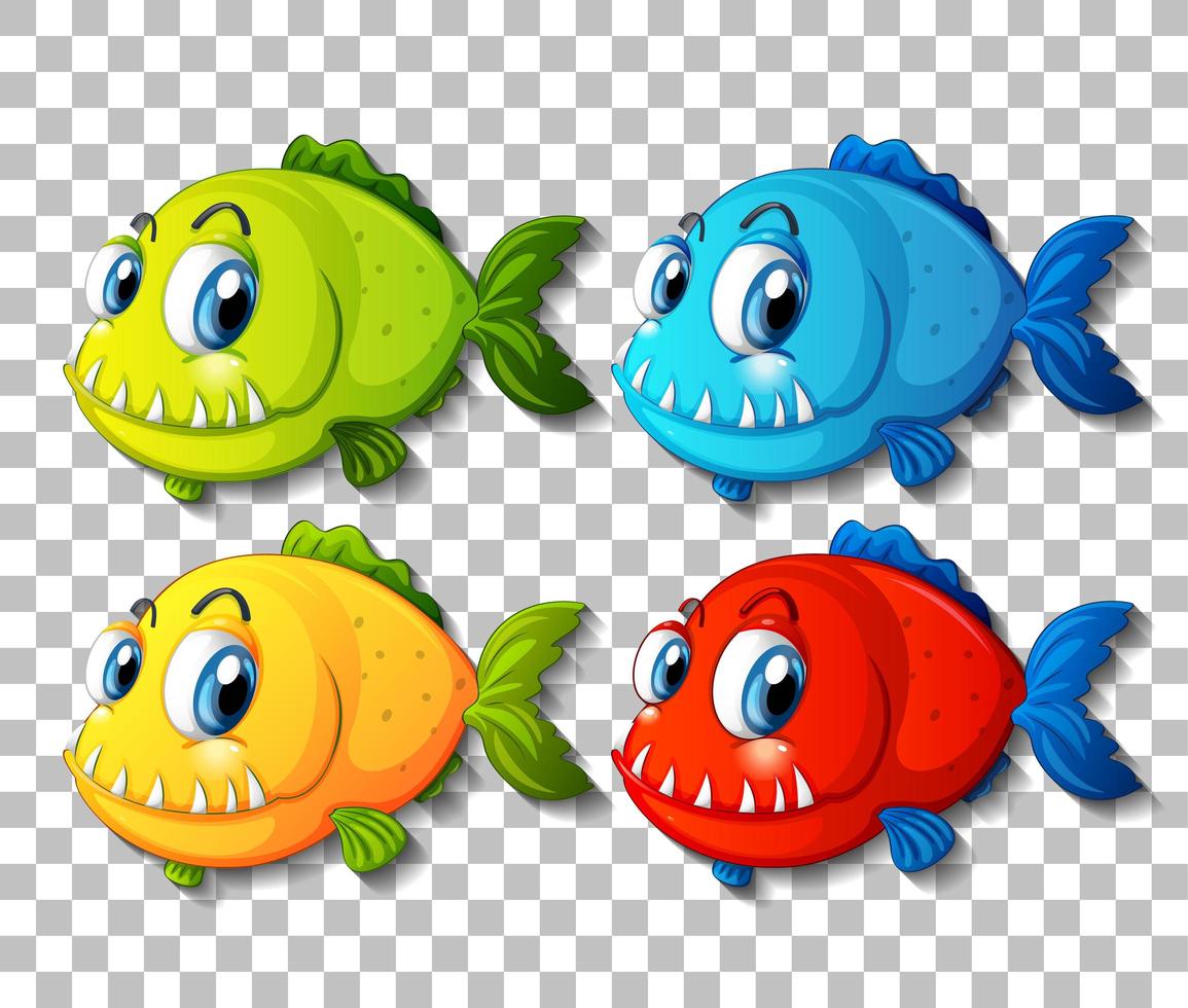 ensemble de personnage de dessin animé de poissons exotiques de couleur différente sur fond transparent vecteur