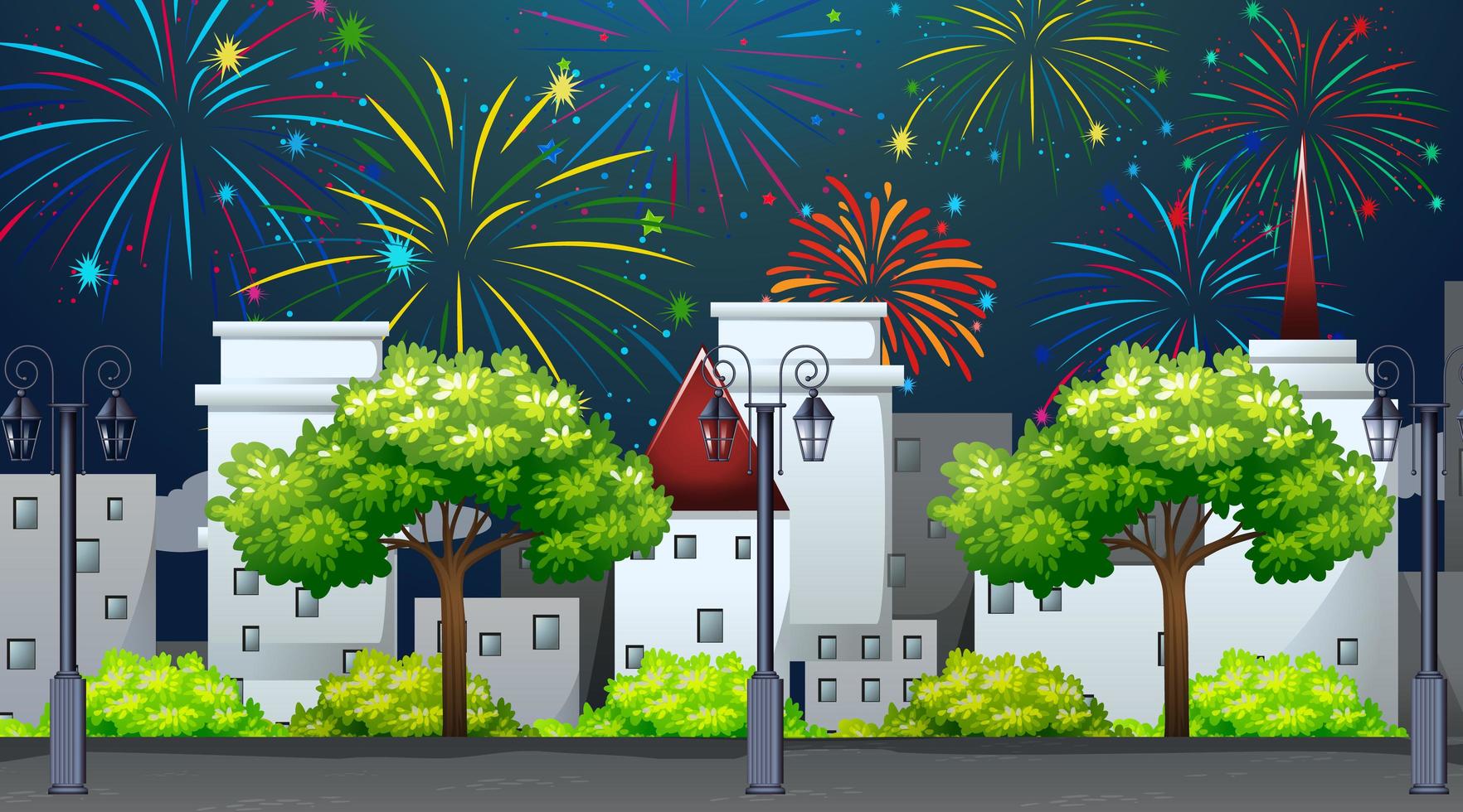 paysage urbain avec scène de feux d'artifice de célébration vecteur