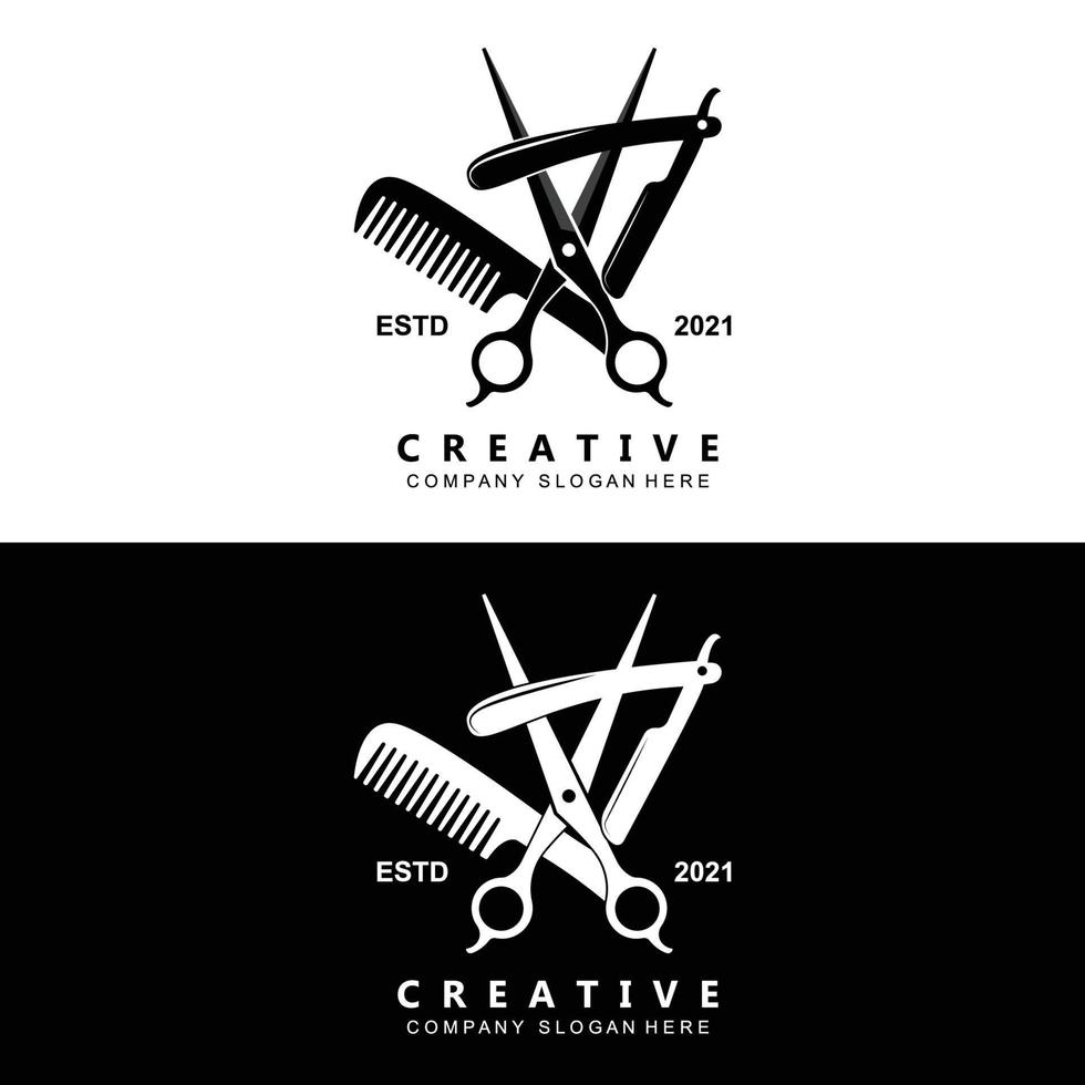 logo de salon de coiffure design de cheveux élégant vectoriel pour coupe de cheveux, avec ciseaux et rasoir