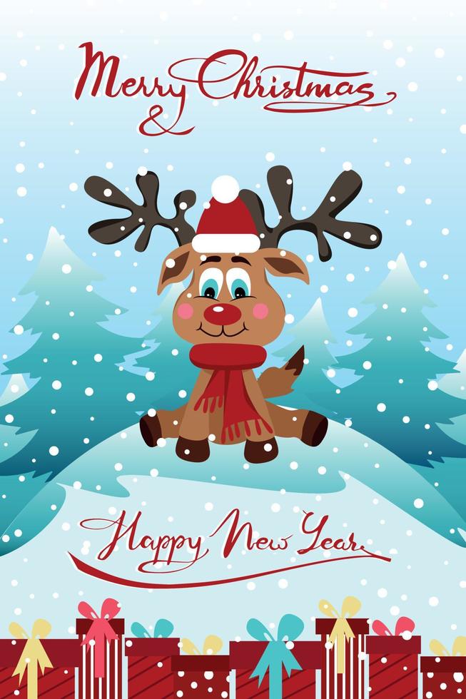 affiche de carte postale joyeux noël et bonne année personnage de wapiti de cerf avec des coffrets cadeaux vecteur