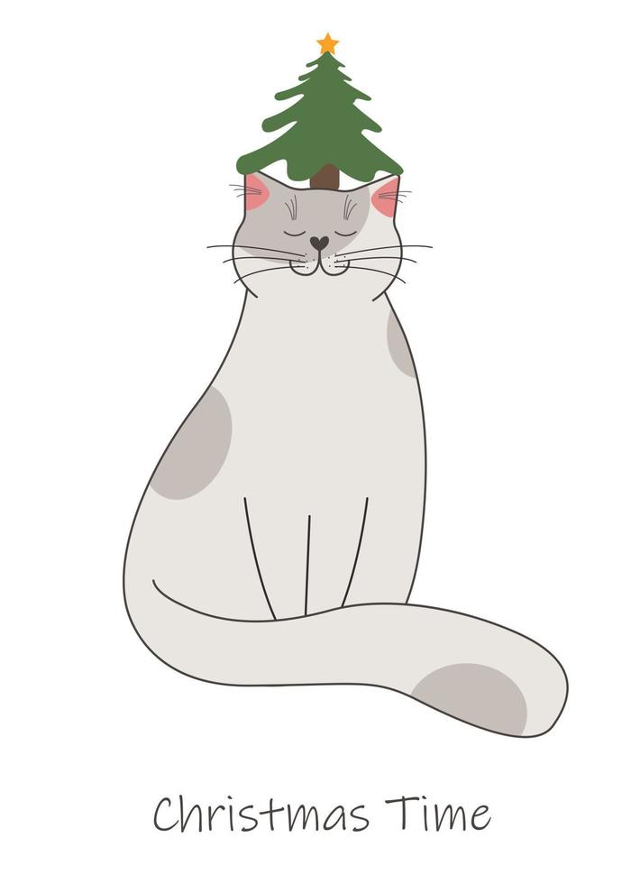 chat gris avec un arbre à feuilles persistantes avec une étoile brillante sur la tête. carte de vacances avec inscription période de noël vecteur