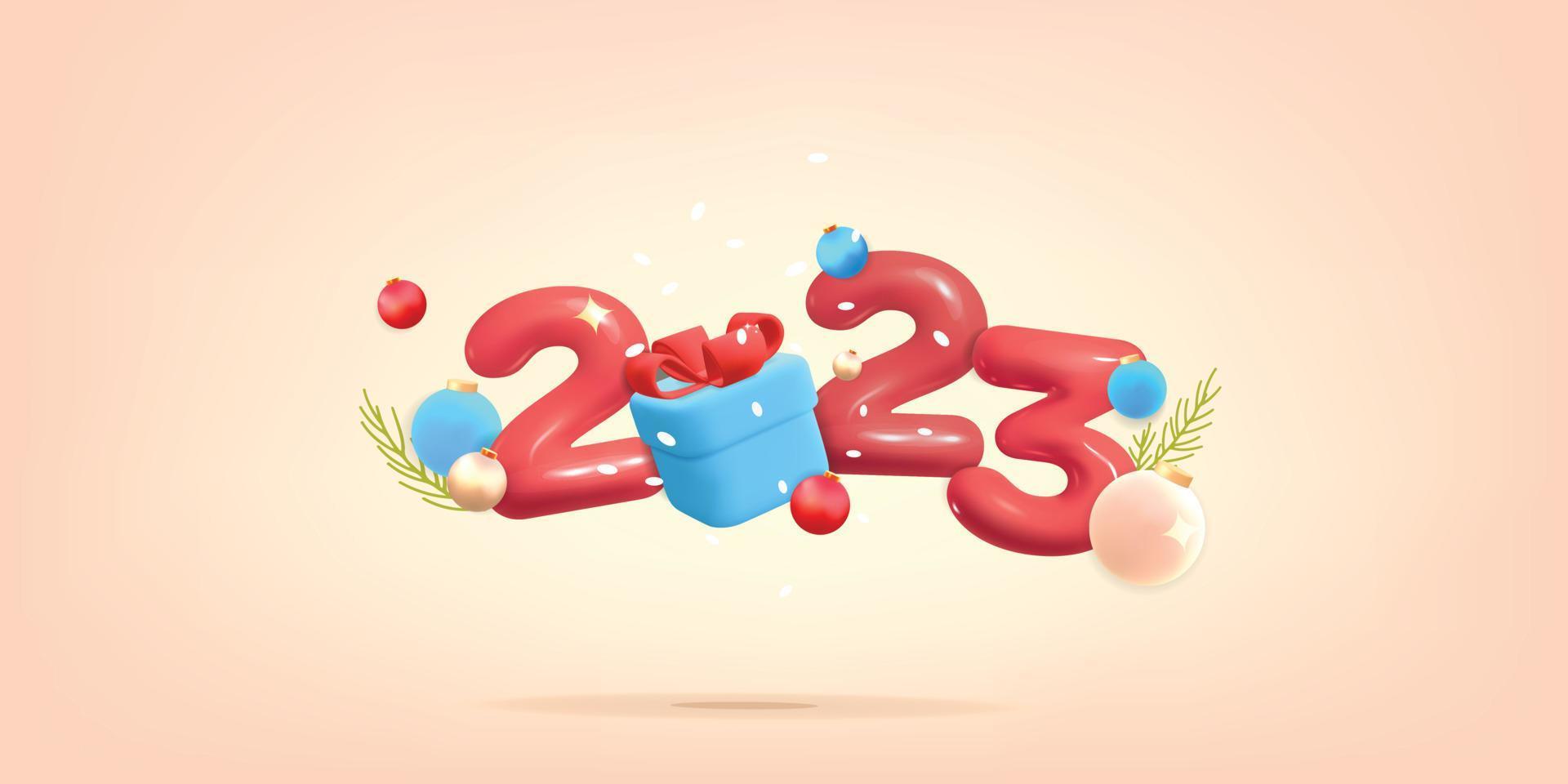 vecteur 3d joyeux noël et bonne année 2023 numéro avec boîte-cadeau et conception de bannière de décoration arc ruban rouge