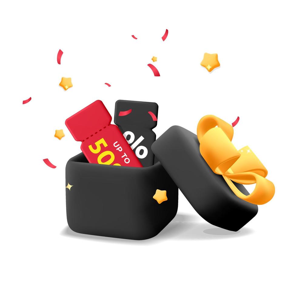Rendu réaliste de vecteur 3d noir ouvert surprise shopping boîte-cadeau avec billet de coupon de réduction rouge à l'intérieur avec étoiles volantes et conception de confettis