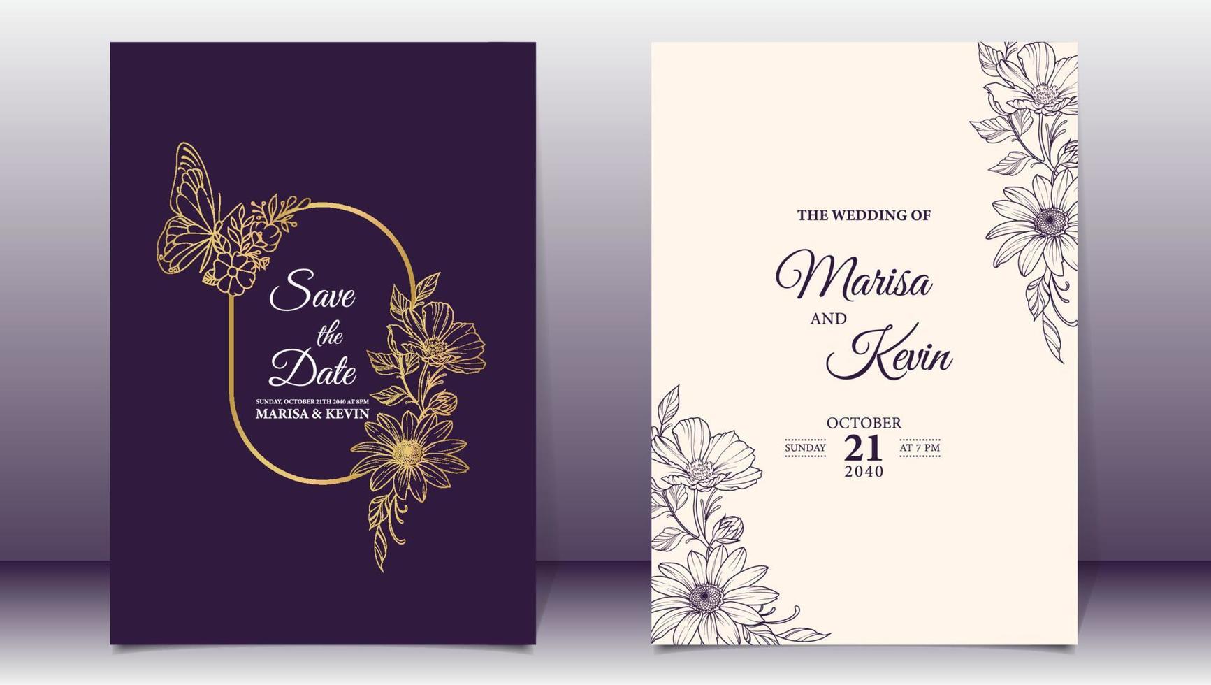 invitation de mariage de luxe avec vecteur premium floral minimaliste de style ligne dorée