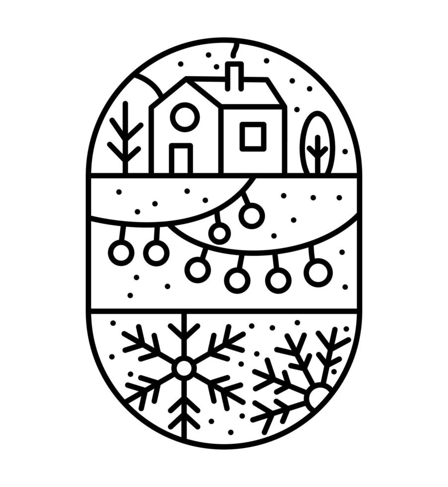 composition de l'avent de noël flocons de neige, guirlande et maison avec des arbres. logo de constructeur de vecteur hiver dessiné à la main dans deux demi-cadres ronds et rectangles pour carte de voeux