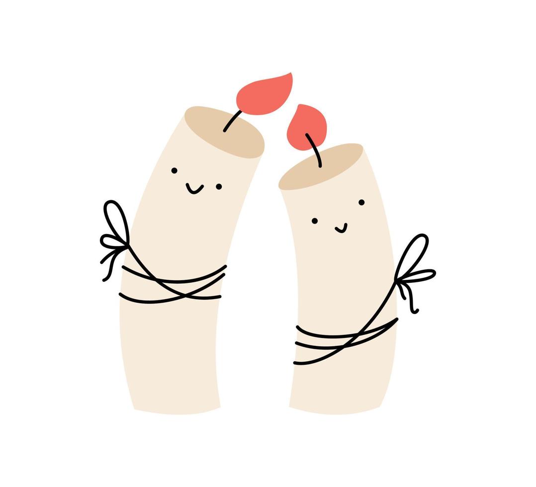 couple d'amour heureux souriant doodle brûlant des bougies. illustration vectorielle de Noël. paire d'éléments mignons pour la conception d'hiver. concept de joie et de famille. style scandinave vecteur