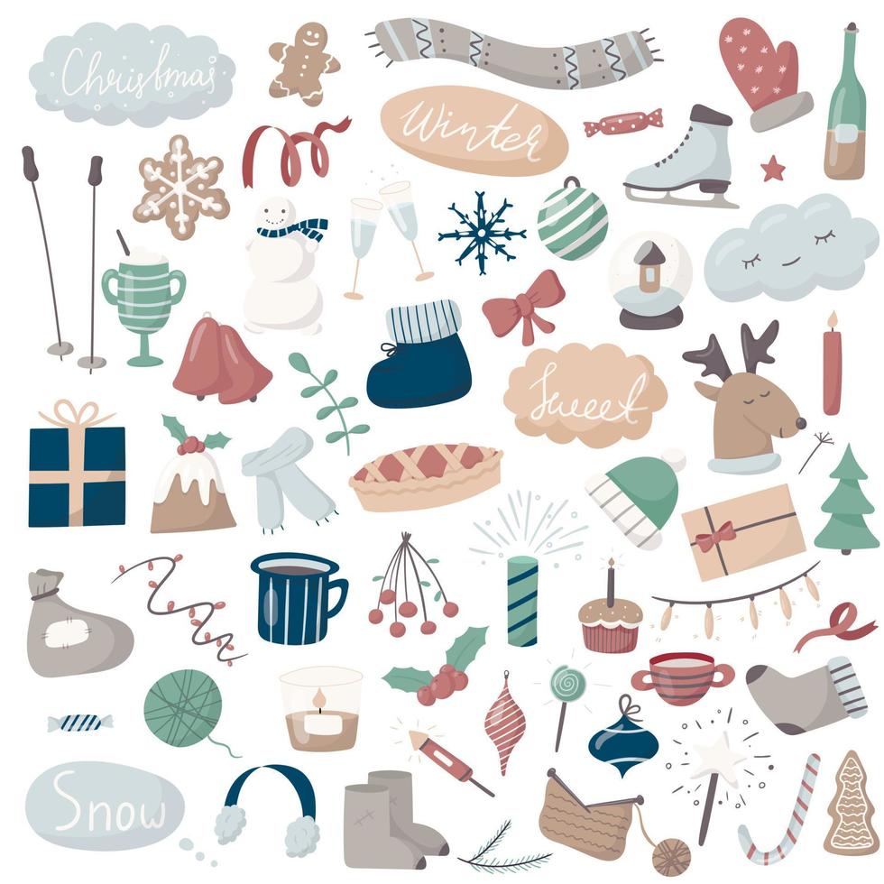 ensemble d'icônes vectorielles de doodle. dessins animés d'hiver et de noël. tous les objets sont isolés. objets multicolores mignons et lettrage. décoration de fond et de carte de voeux. vecteur