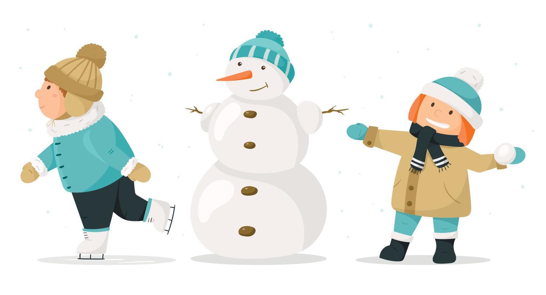 illustration d'hiver de dessin animé de vecteur. deux enfants marchent, une fille avec une boule de neige et un garçon qui patine, et un bonhomme de neige. tout le monde en vêtements d'hiver célèbre le nouvel an ou noël. vecteur