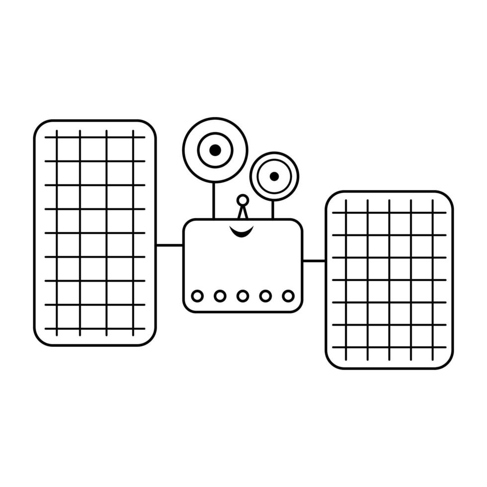 illustration vectorielle satellite noir et blanc pour les enfants. contour souriant icône technique isolé sur fond blanc. page de coloriage d'exploration spatiale pour les enfants. vecteur
