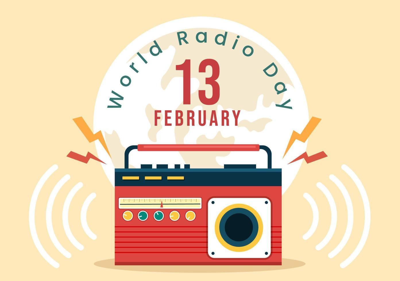 journée mondiale de la radio le 13 février d'idée pour le modèle de page de destination, la bannière et l'affiche dans un fond de dessin animé de style plat illustration dessinée à la main vecteur