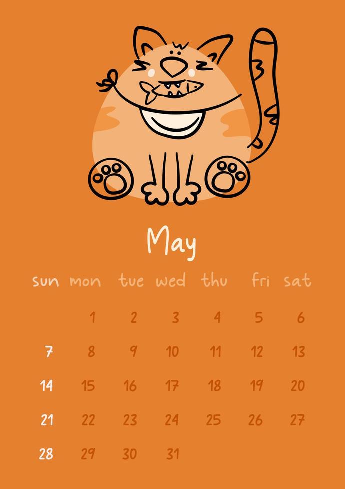 calendrier vectoriel vertical pour mai 2023 avec chat gingembre dessin animé. drôle d'animal de compagnie dessiné à la main avec un poisson dans la bouche. la semaine commence le dimanche. pour la taille a4,a5,a3.