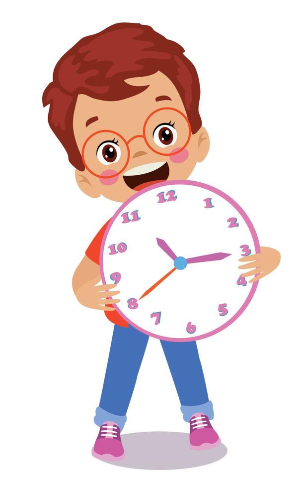 mignons enfants heureux tenant une horloge vecteur